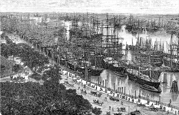 The harbour of Hamburg, Germany, in 1880, Historical, digital reproduction of an original from the