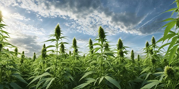 Cannabis plant with vibrant green leaves bathed in soft natural light, AI generated