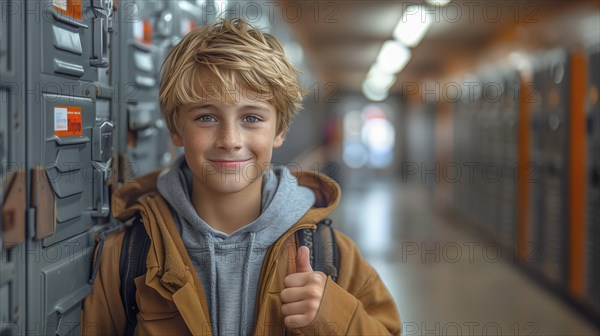 Cute caucasian school boy giving a thumbs up in the hallway of his school. generative AI, AI