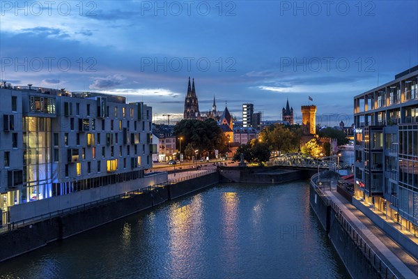 Skyline with Cologne Cathedral, Gross St. Martin Catholic Church, Malakoff Tower, Rheinauenhafen