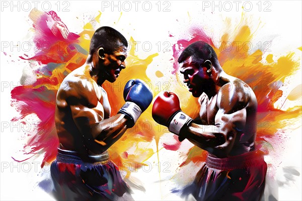 Illustration of dynamic boxing fighters mid action on a vibrant splash paint background, AI