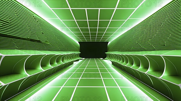 Abstract geometric pattern tunnel structure embodying data streams and communication in green hues,