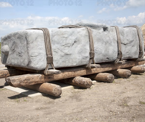 Replica of megalithic transportation of large stones at the Stonehenge visitor attraction site,