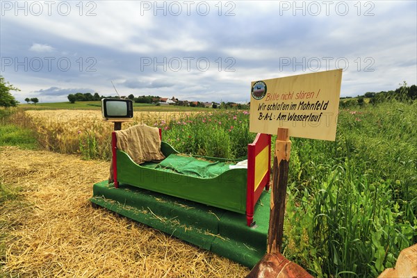 Colourful outdoor wooden bed on straw, vintage TV with antenna, original hiking trail in the poppy