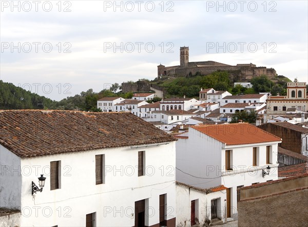 Tower and Moorish mosque above the village of Almonaster La Real, Sierra de Aracena, Huelva