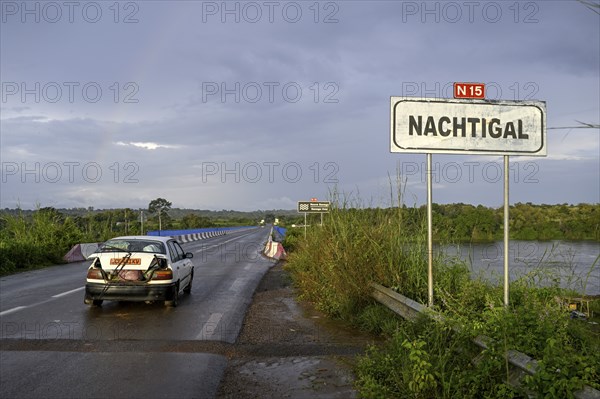 Sign at the Nachtigal Waterfalls on the Sanaga River, named after the German African explorer