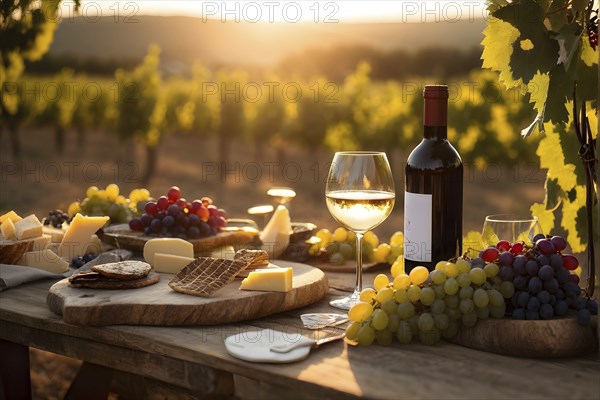 AI generated wine tasting table setup with wine and vine grapes nestled subtly amidst a thriving