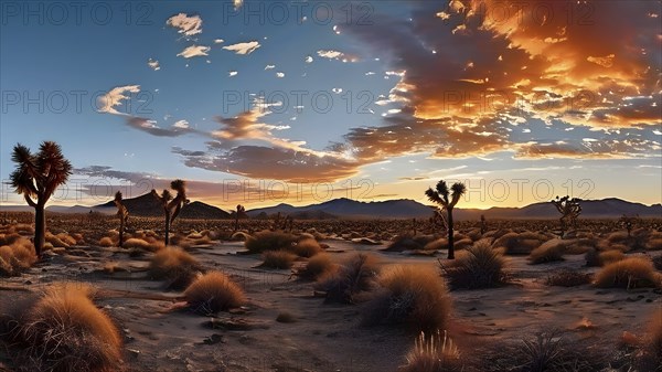 Mojave desert with joshua trees sprinkled in a sunrise, AI generated