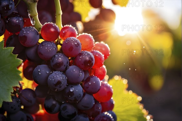Harvest ready grape bunches with water droplets sparkling in the sunlight, AI generated
