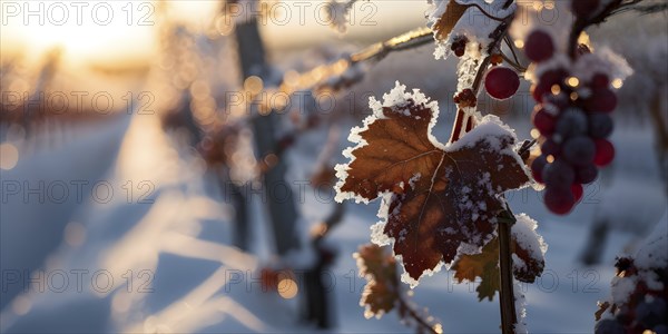 AI generated close up of winter in the vineyard with snow blankets dormant vines and ambient light