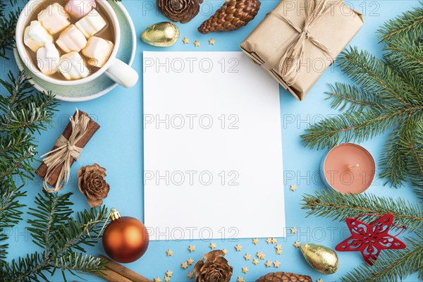 Christmas or New Year composition, template. Decorations, box, cinnamon, cones, fir and spruce