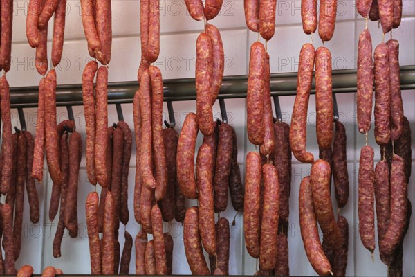 Air-dried sausage in a butcher's shop