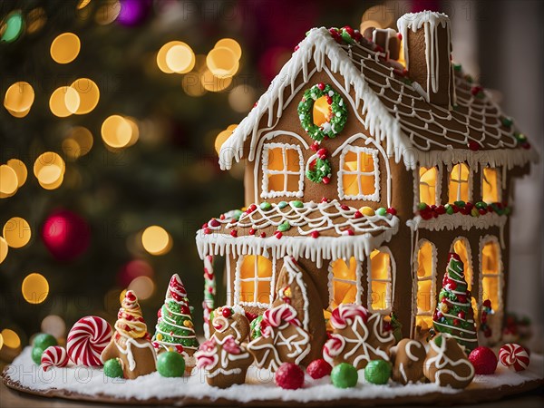 Gingerbread house decorations, focusing on the intricate icing details, colorful candy, and soft,