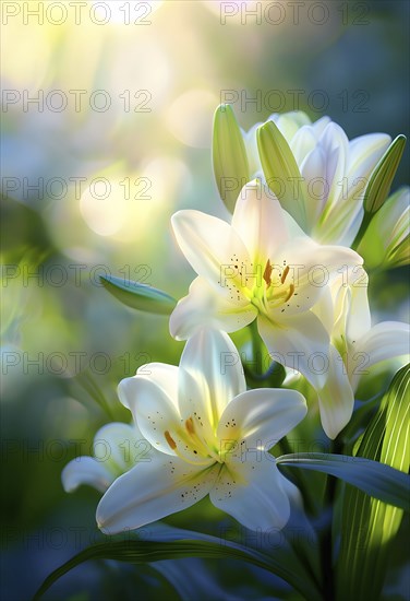Blooming Easter lilies with soft white petals and a yellow center, bathed in gentle sunlight, AI