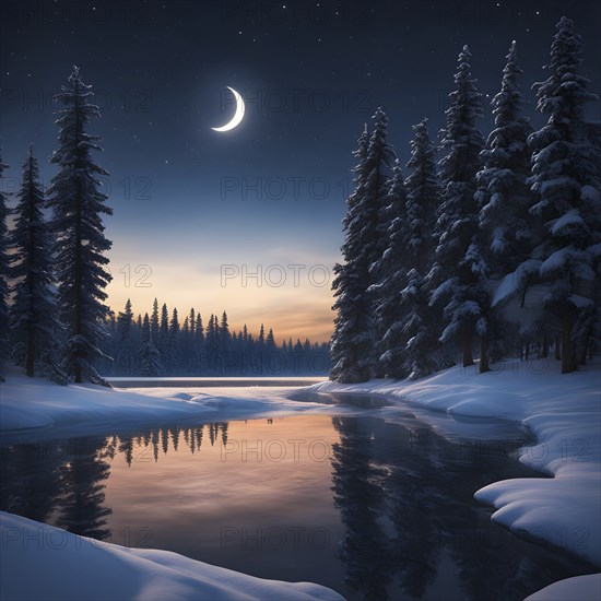 Tranquil winter night scene with a crescent moon and stars shining brightly over a frozen lake,
