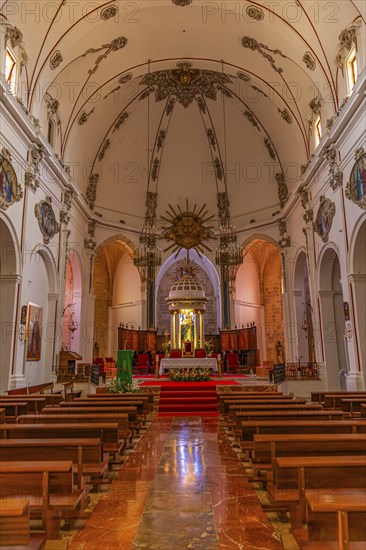 Nave and chancel of the Cathedral of Santa Maria de la neu, in the old town of Eivissa, Ibiza Town,