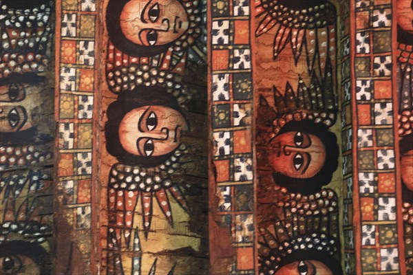 Amhara region, near Gondar, Gonder, church ceiling with angel heads and cross ornaments in the