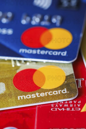 Credit cards from Mastercard to pay as background in Stuttgart, Germany, Europe