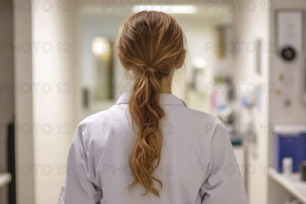 Back view of female doctor wearing lab coat in hospital. Generative Ai, AI generated