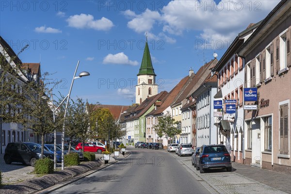 The main road through the town of Hüfingen with the church of St Verena and Gallus, Hüfingen, Black
