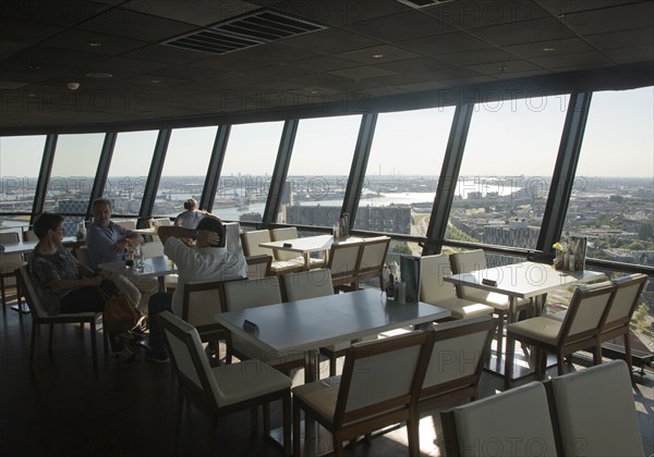 Cafe restaurant with views high above the city from the 185 metre tall Euromast tower, Rotterdam,