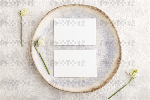 White paper invitation card, mockup with galanthus snowdrop flowers on ceramic plate and gray