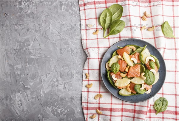Fresh salmon with pineapple, spinach and cashew on a gray concrete background. Top view, copy