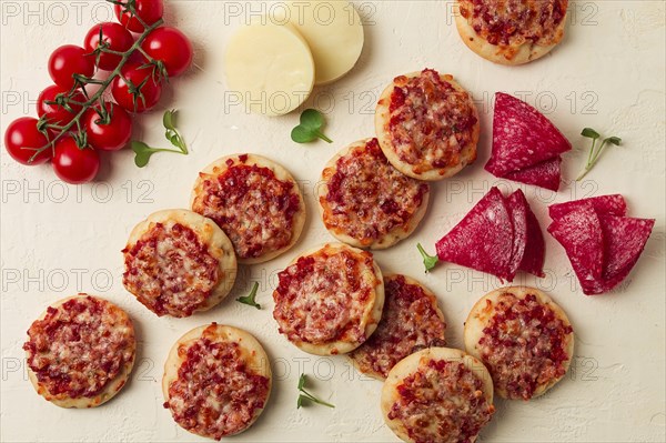 Mini pizzas, salami with mozzarella cheese, on a white table, top view, no people
