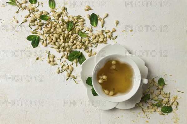 Jasmine Tea, drink, Jasmine flowers, dry, herbal, tea, top view, no people