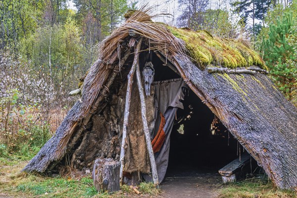 Reconstructed Stone Age hut with thatched roof and benches on an autumn day, Sweden, Europe