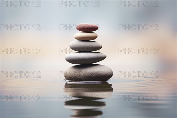 Stack of zen stones on water with a nature background. The image conveys a sense of balance,