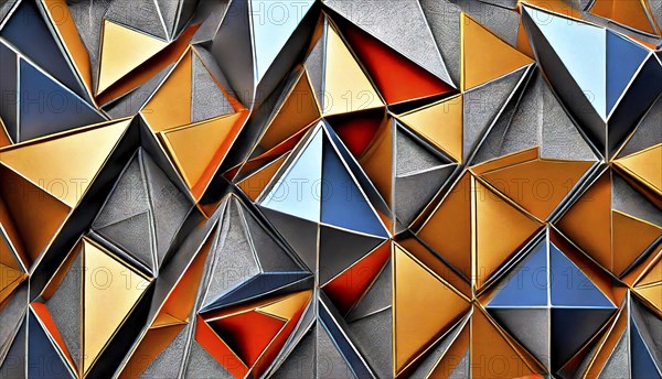 Art object, Artistic digital design art, Triangles coloured in shiny metal look in 3D, AI