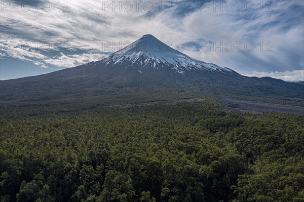 Snow-capped volcano Osorno in early spring, chilenean lake district, Los Lagos Region, Chile, South