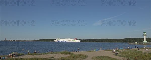 Stena Line ferry, naval memorial, Laboe, lighthouse and beach in front, Friedrichsort, Kiel,