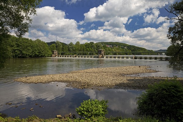 Barrage at the Stiftsmühle run-of-river power station, confluence of the Ruhr and Volme rivers,