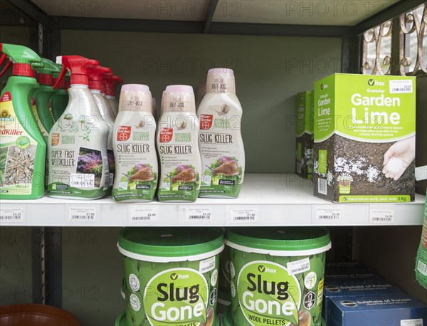 Slug Gone and Slug Killer products on sale, The Walled garden plant nursery, Benhall, Suffolk,