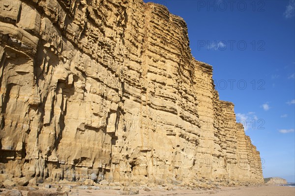 Sandstone cliffs and beach West Bay, Bridport, Dorset, England, UK