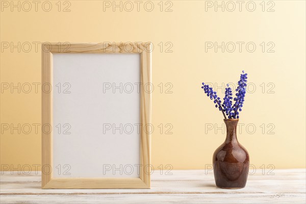 Wooden frame with blue muscari hyacinth flowers in ceramic vase on orange pastel background. side