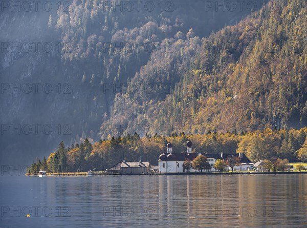 Königssee and pilgrimage church St. Bartholomä, autumnal mountain landscape, Königssee,