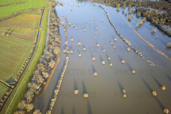 Aerial view, flood, closed roads, flood protection, flooding, dike protection, dike on the Elbe,