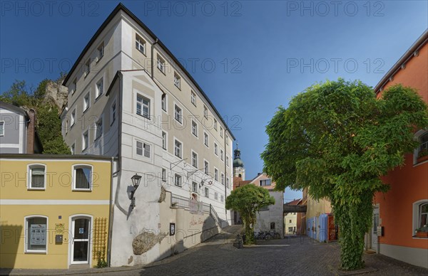 Building and cobbled path of Vils Gasse with lush tree providing shade, Kallmünz, Upper Palatinate,