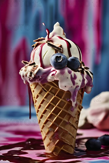 AI generated surreal food art blending a dripping ice cream cone morphing into digital bytes