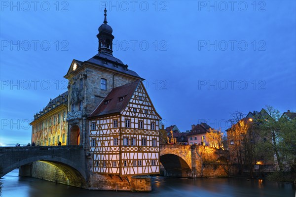 Upper Bridge, Old Town Hall, Regnitz, historic old town, Blue Hour, Bamberg, Lower Franconia,