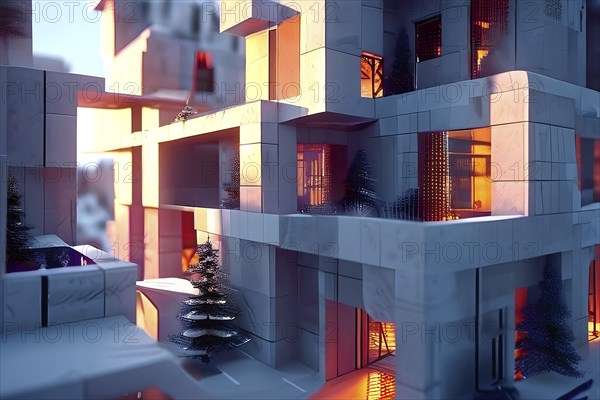 KI generated architectural structure melding computer aided design illustrations with genuine