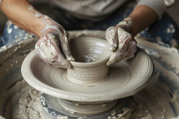 Close up of hands forming white raw clay into pottery. KI generiert, generiert, AI generated