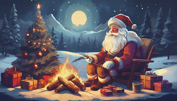 Illustration Father Christmas sitting by the campfire next to presents and Christmas tree in winter