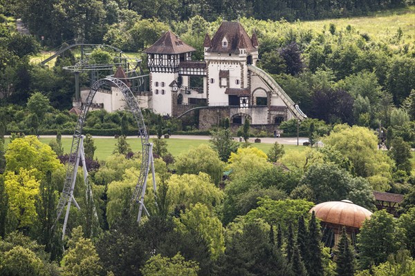 Castle, roller coaster, Tripsdrill amusement park, Cleebronn, Baden-Württemberg, Germany, Europe