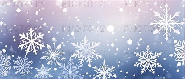 Abstract pattern of snowflakes in varying sizes and shapes in soft white and blue gradients, AI