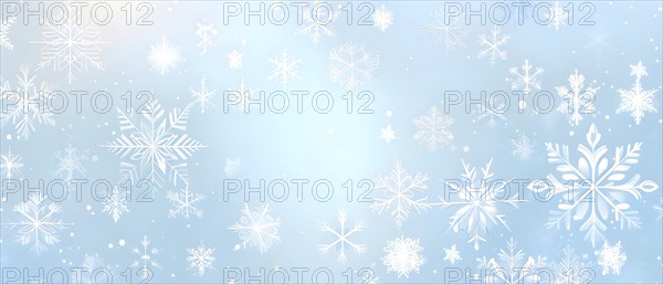 Abstract pattern of snowflakes in varying sizes and shapes in soft white and blue gradients, AI