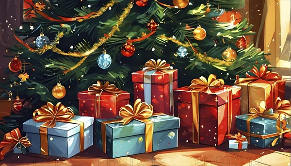 Abstract illustration of wrapped Christmas gifts, shiny ribbons and bows, stacked under a evergreen